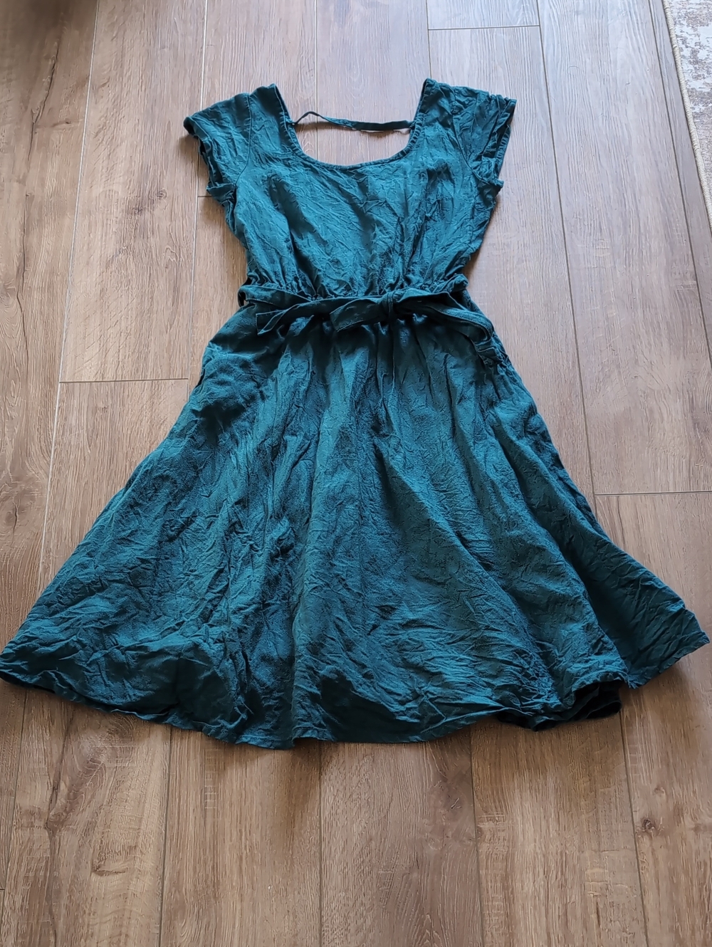 notPERFECTLINEN Teal Scoop-Neck Midi Dress with Self-Tie Waist